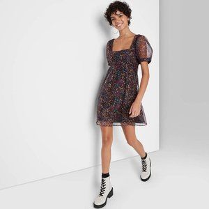 Wild Fable Women's Floral Print Organza Puff Sleeve Baby Doll Dress